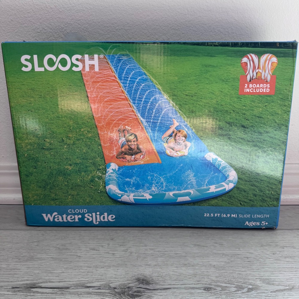 Sloosh Cloud Water Slide 22.5 Ft Dual Lane with 2 Body Boards & Sprinkler NEW